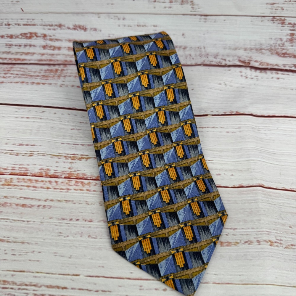Ermenegildo Zegna Silk Tie Blue Gold Geometric Disegno Esclusivo Made in Italy